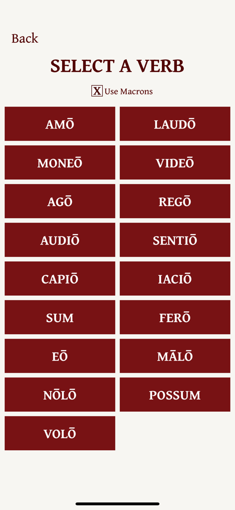 Vice Verba - Un écran dans l'application Vice Verba montrant une grille de verbes latins à sélectionner pour la pratique.