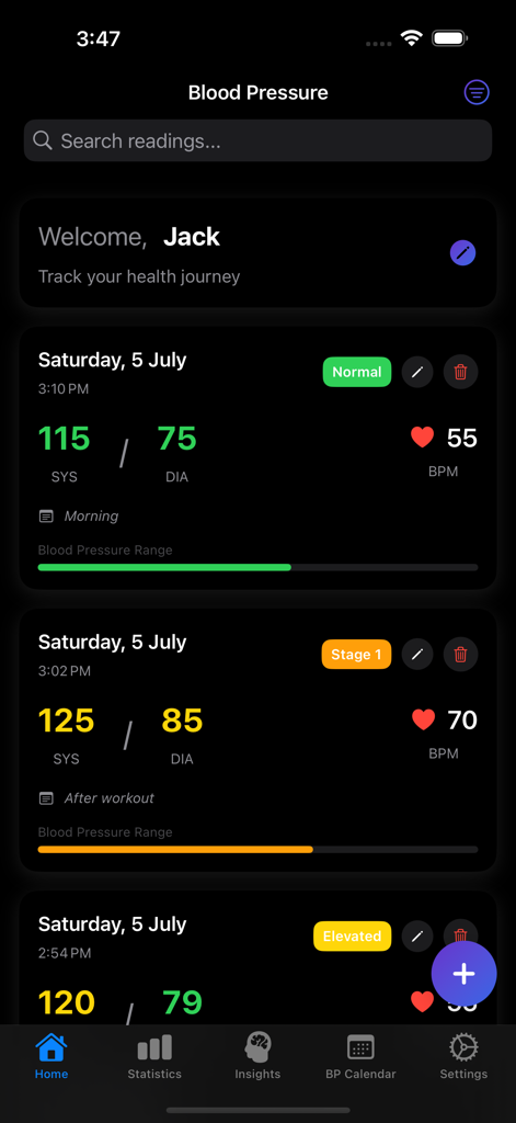 Daily Blood Pressure Log - 毎日の血圧記録アプリのホーム画面。色分けされた健康状態の記録リストが表示されています。