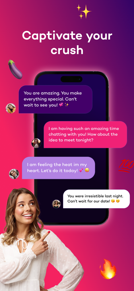 Flirtist - AI Dating Assistant - Smartphone displaying flirty text messages and a smiling woman pointing to the screen