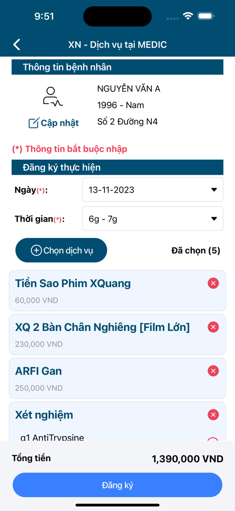 Medic Hoà Hảo - Khám bệnh - Service registration screen in the Medic Hoa Hao app showing patient info and test costs.