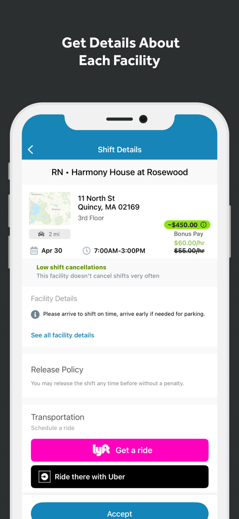 IntelyCare - Nursing Jobs - IntelyCare mobile app showing detailed nursing shift information including facility address, pay rates, and transportation options through Lyft and Uber integration.
