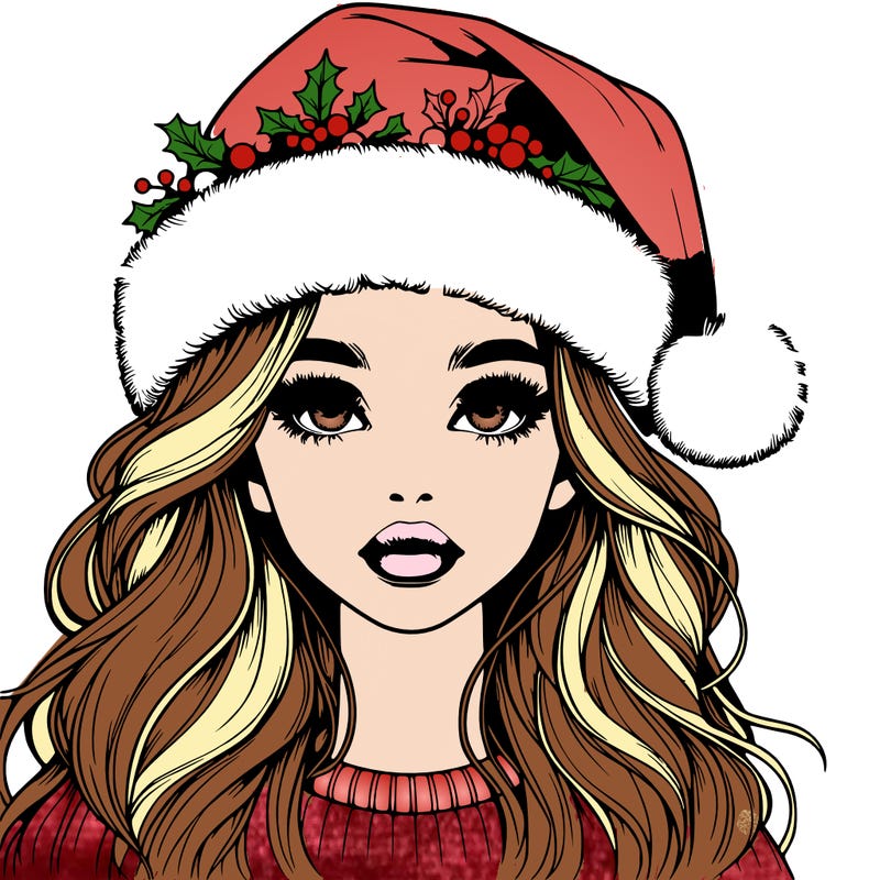realistic girl with big eyes and lips with santa hat