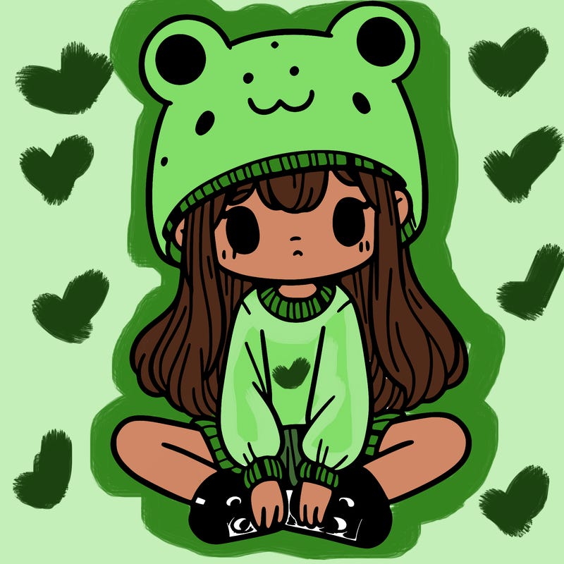 a girl wearing a frog hat and some frog socks