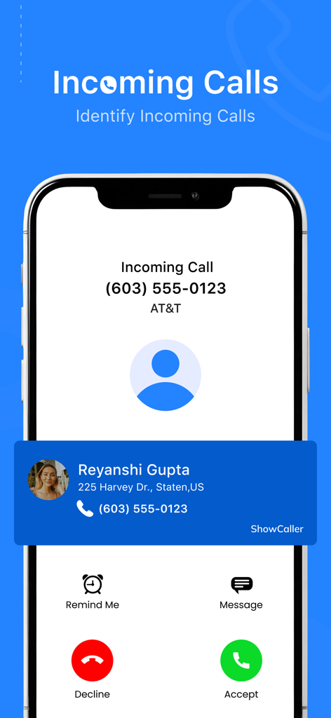 Tela do iPhone mostrando o aplicativo True Caller ID identificando uma chamada recebida com o nome e a localização do chamador.