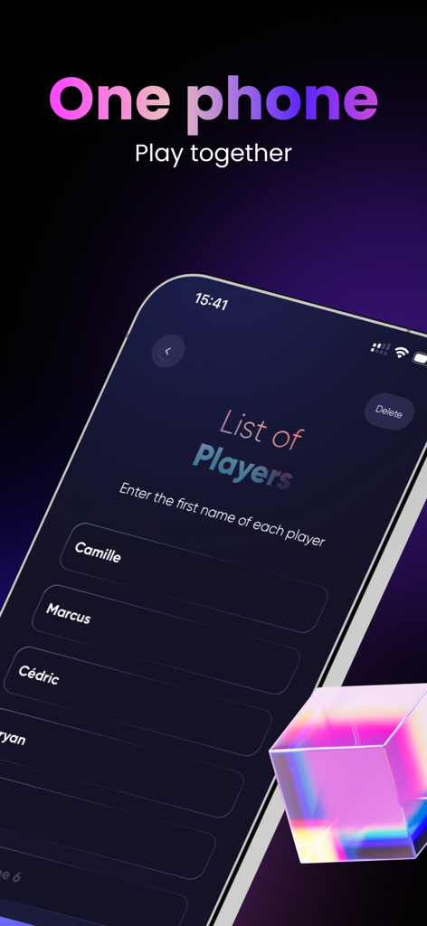 Sombre soirée - Party Games - Interface of the Sombre soiree app showing a player name entry screen for a group game session