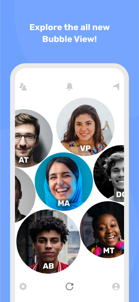 Interface do aplicativo móvel Sappa mostrando a visualização de bolhas interativa com perfis de pessoas próximas