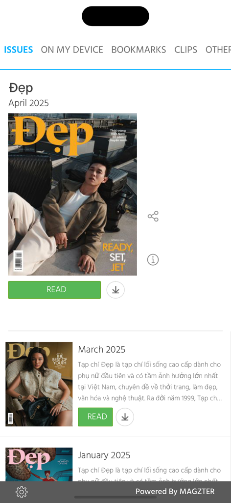 Interface of the Dep Magazine app showing a list of digital issues including the April 2025 cover with a male model.