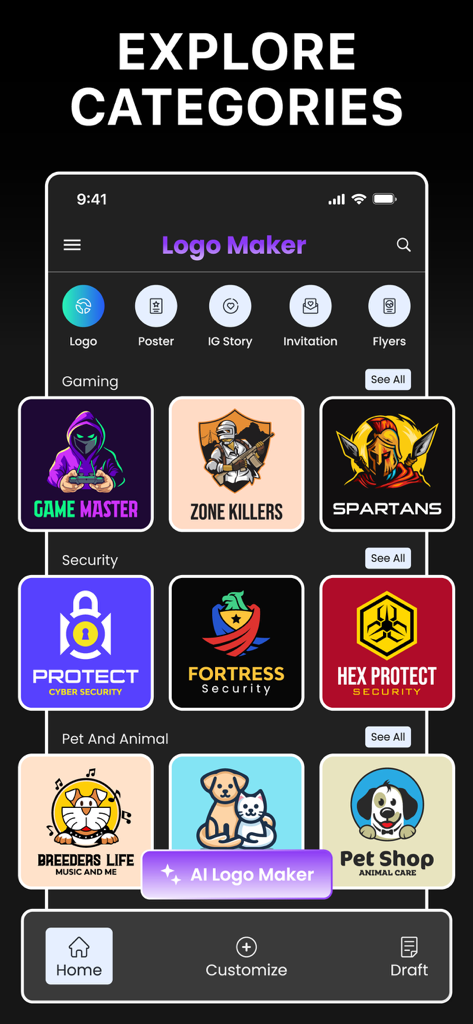 Logo Maker: Poster & Flyers - Interfaz de la app Logo Maker mostrando plantillas de logos para categorías como Gaming, Seguridad y Mascotas.