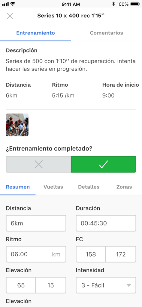 Workout summary screen in TrainerPlan showing training details performance metrics and completion status