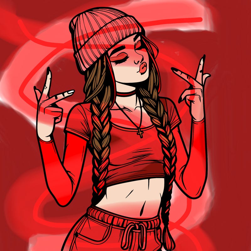 realistic teenage girl with braids and a beanie and crop top doing 🫶🏼