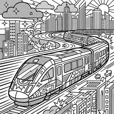 Ignite your imagination with this thrilling Pop Art coloring page featuring a sleek high-speed train racing through a vibrant city. Experience the energy of movement and urban life as you bring this dynamic scene to color.