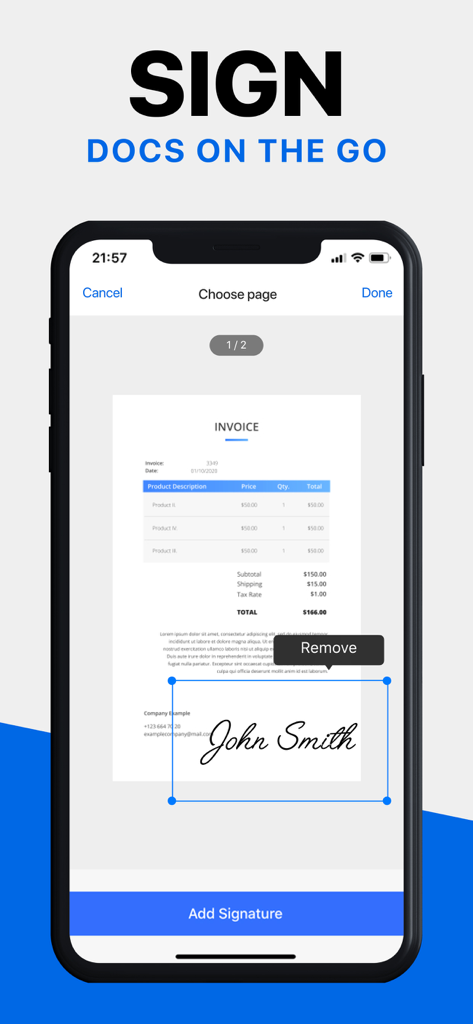 Smartphone screen showing a user electronically signing a PDF invoice using the Mobile Scanner app.