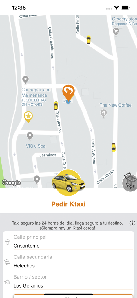 Ktaxi, una app de Clipp - Map interface of the Ktaxi mobile app showing taxi locations and pick up address fields