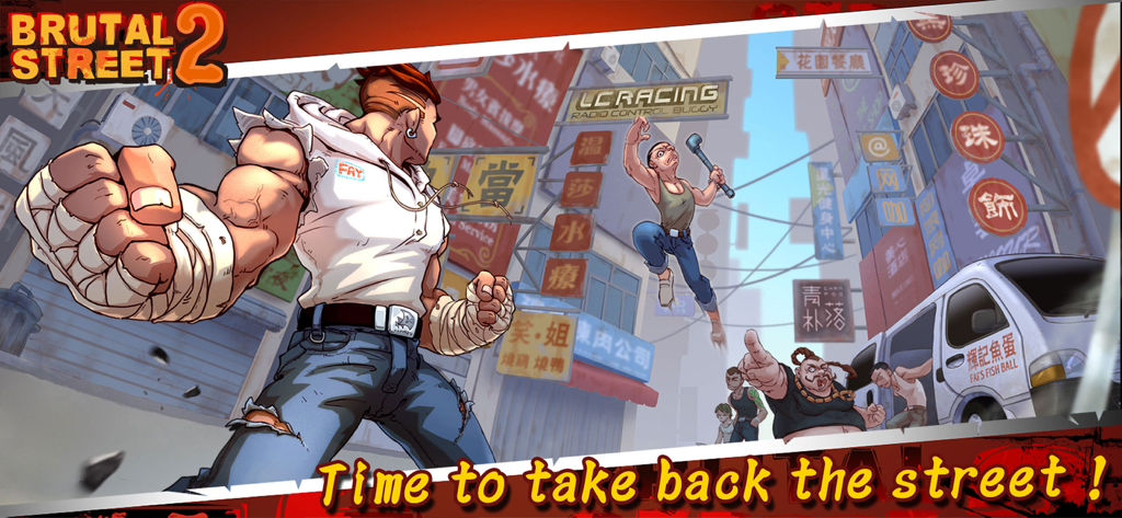 Muscular fighter ready to battle thugs in an urban street scene from Brutal Street 2