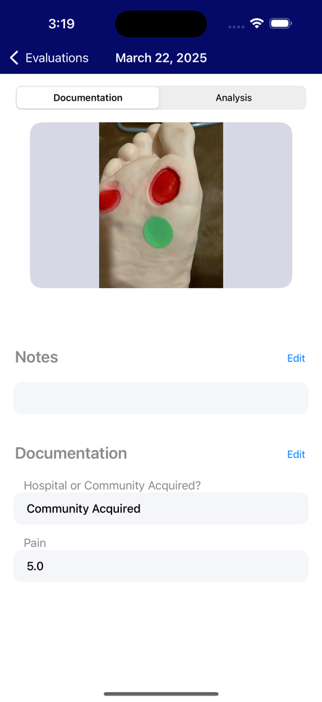 Tissue Analytics mobile app interface showing a wound evaluation screen with clinical documentation and a foot photo.