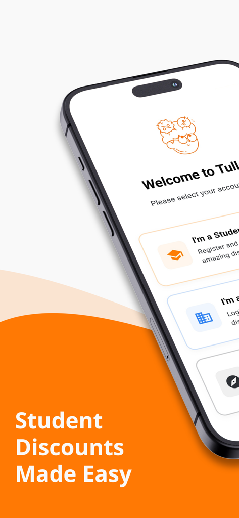 iPhone mostrando la pantalla de bienvenida de la aplicación Tullab con el lema Descuentos para Estudiantes Hechos Fácil.