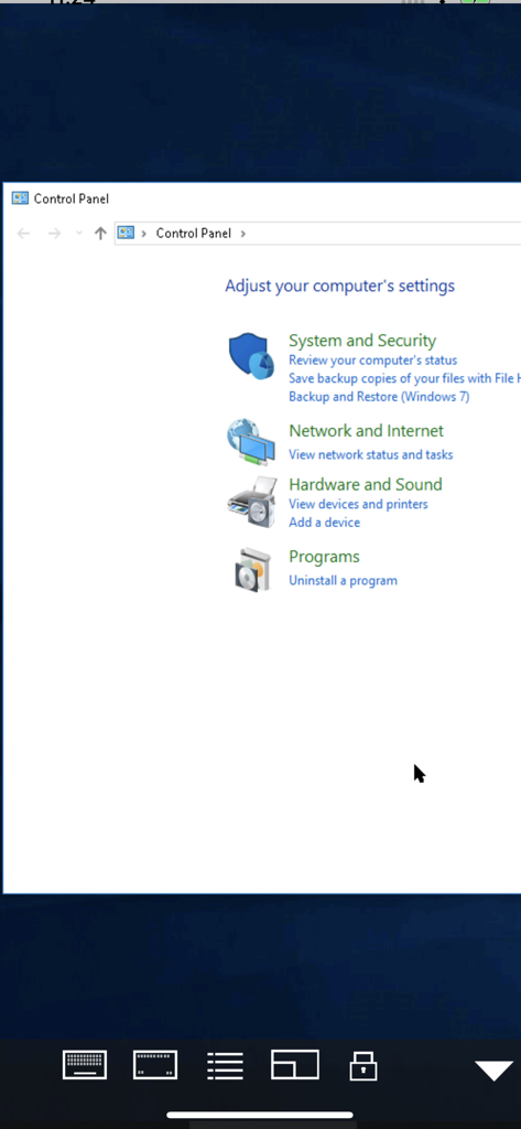 Mocha Remote DesktopアプリがWindowsコントロールパネルインターフェースにアクセスしている様子を示すiPhoneのスクリーンショット
