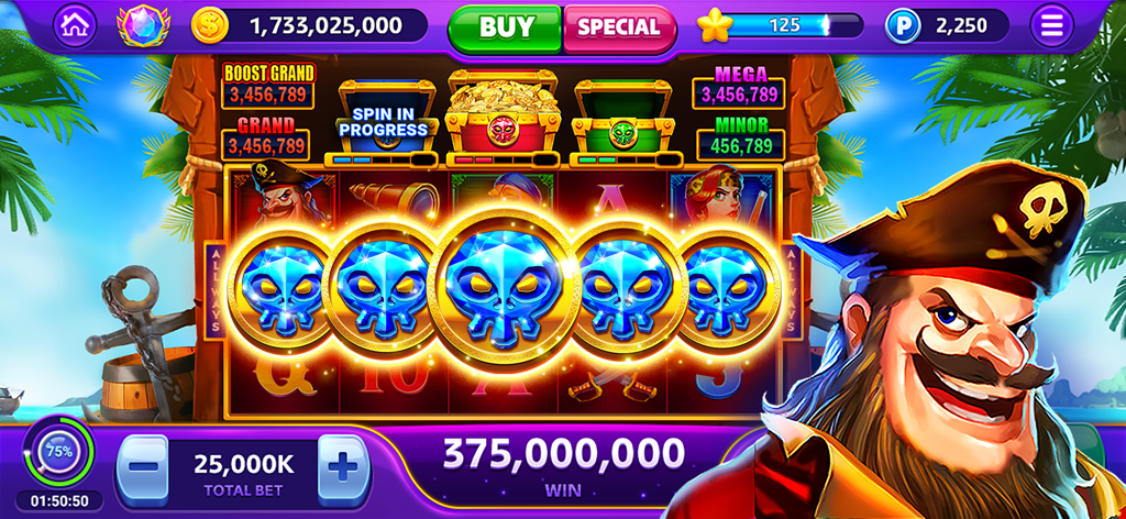Vegas Craze Casino - A pirate themed slot machine in Vegas Craze Casino featuring a big win of three hundred seventy five million coins and a pirate captain character.