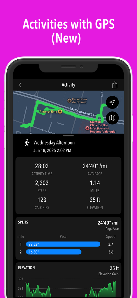ActivityTracker Pedometer - iPhone screen displaying GPS map route and activity statistics like steps and calories
