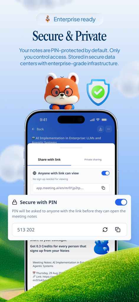Mobile app screen showing secure PIN protection and private sharing settings for AI-generated meeting notes.