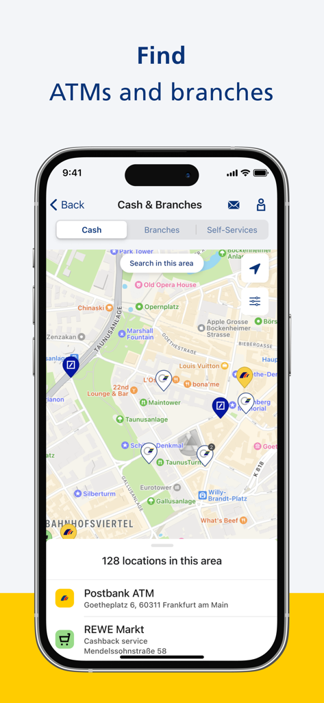 Postbankアプリのインターフェース、最寄りのATMや銀行支店を見つけるための地図を表示。