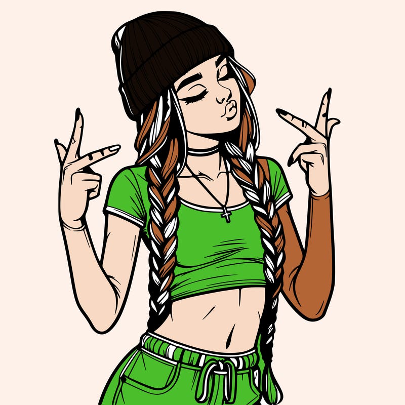 realistic teenage girl with braids and a beanie and crop top doing 🫶🏼