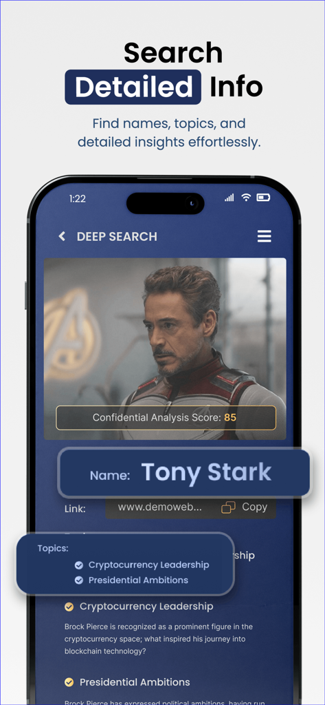 Face Search AI - Interfaz de la aplicación móvil Face Search AI que muestra información detallada e identificación para un escaneo facial