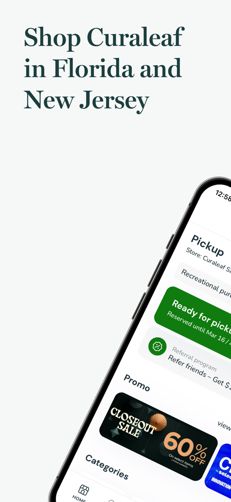Curaleaf plus mobile app interface showing shopping options for Florida and New Jersey with pickup and promo details.