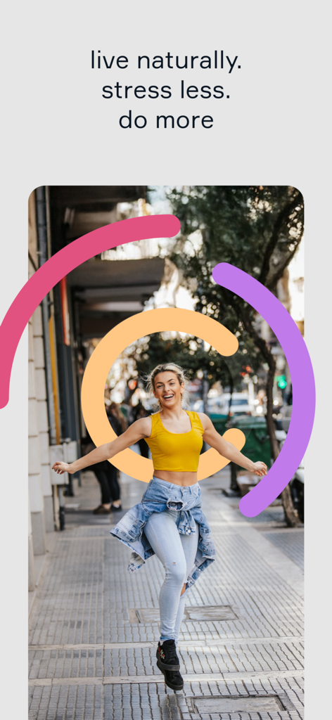 Circadian: Your Natural Rhythm - A cheerful woman jumping on a city sidewalk with the text live naturally stress less do more