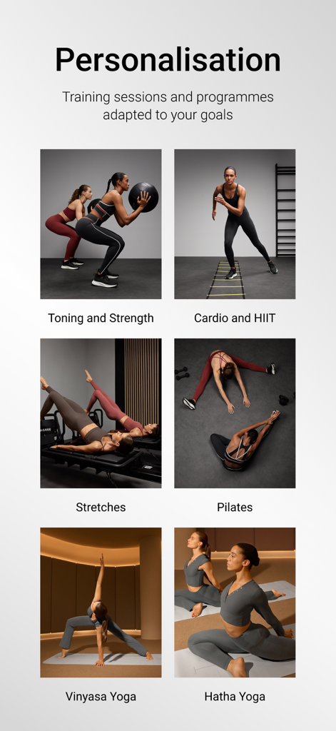 OYSHO TRAINING: Workout - Oysho Trainingアプリのインターフェース。パーソナライズされた目標のためのヨガ、ピラティス、HIITなどの様々なワークアウトタイプを表示。