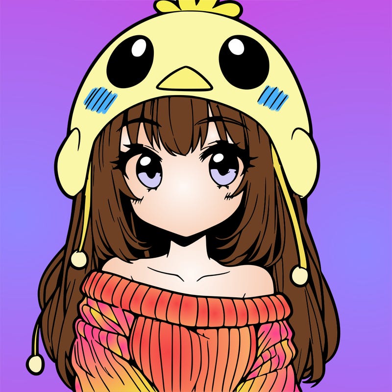 anime girl with chick shaped hat with sweater with bare shoulders with bangs covering them one eye with low tail