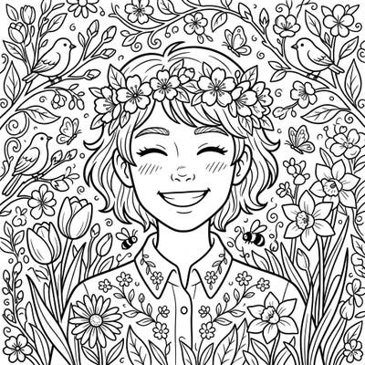 Immerse yourself in the freshness of spring with this delightful digital portrait coloring page. A smiling figure, crowned with blossoms, invites you to add vibrant hues to a scene bursting with flowers, birds, and playful butterflies.