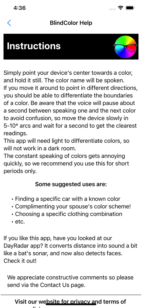 BlindColor - Tela de ajuda do aplicativo BlindColor fornecendo instruções de uso e dicas de identificação de cores