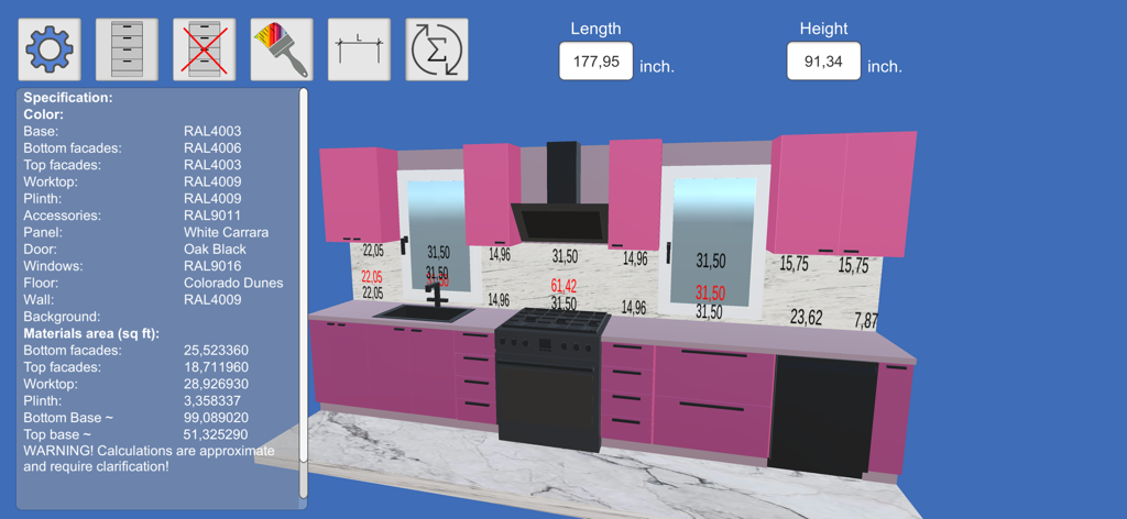 3D linear kitchen design interface with pink cabinets measurements in inches and material specifications