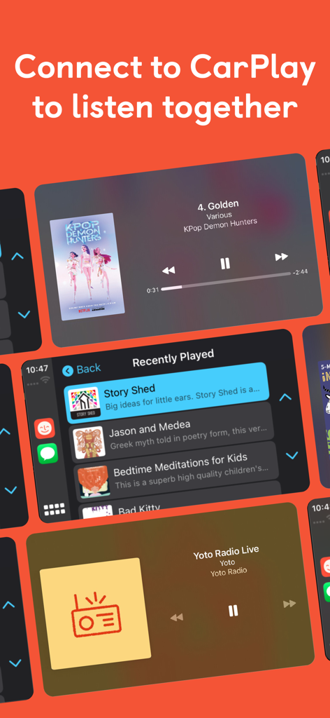Yoto app interface on Apple CarPlay showing music and story selections for children