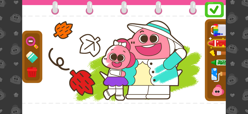 Cocobi Coloring & Games - Una página de libro para colorear digital de la aplicación Cocobi con dos personajes de dinosaurios rosas y varias herramientas de arte como crayones y pintura.