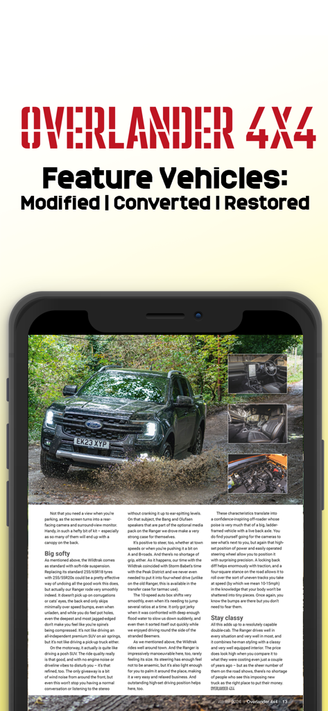 Digital magazine page from the Overlander 4x4 app featuring a modified Ford Ranger off-road vehicle
