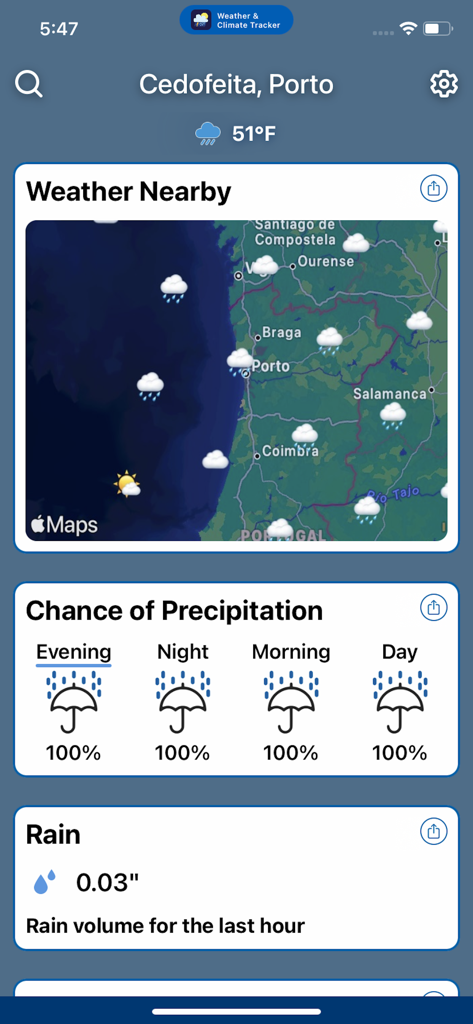Weather Forecast by Climacam - Weather Forecast app showing a rain map for Porto and precipitation chances