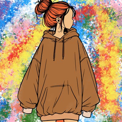 realistic girl with a oversized sweatshirt on and a bun