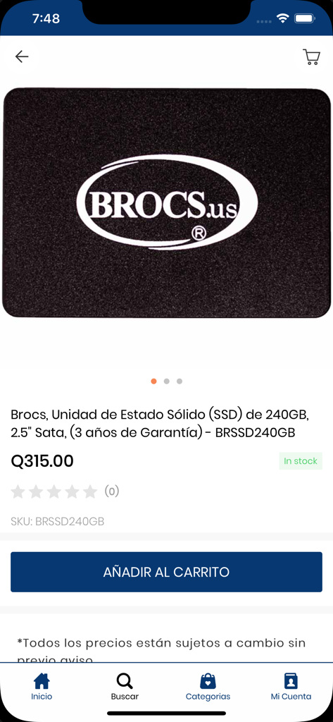 MacroSistemas - Product details screen in the MacroSistemas app displaying a Brocs 240GB SSD with price and add to cart button