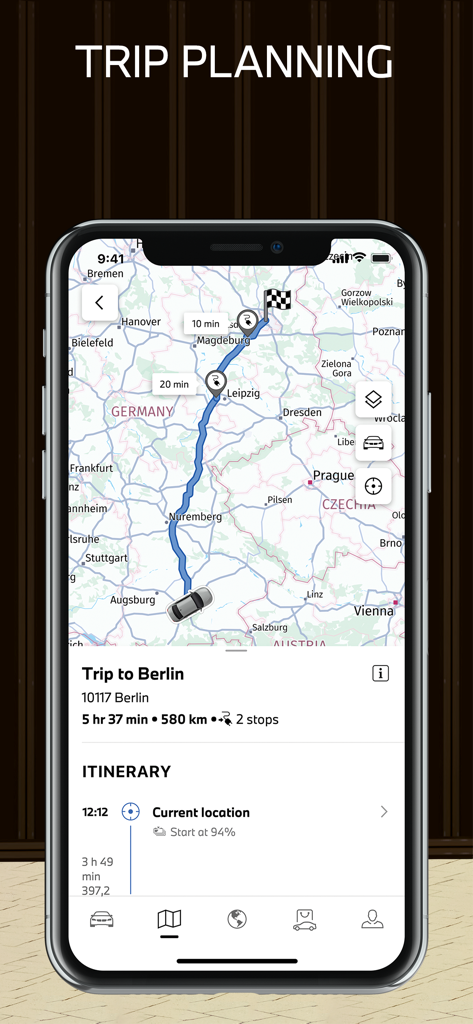 Interface of the My BMW app showing the trip planning feature with a map route and itinerary to Berlin