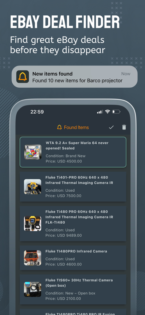 Dealerts app screenshot showing a list of found eBay items and an instant deal notification.