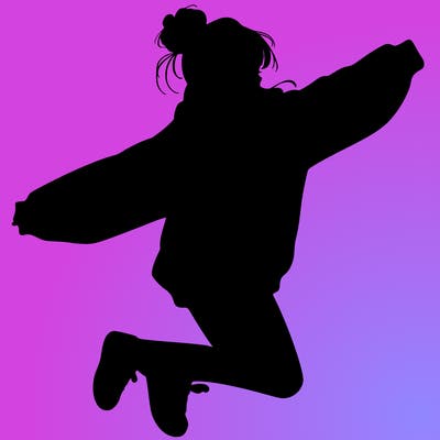 realistic girl jumping with a bun and oversized sweatshirt