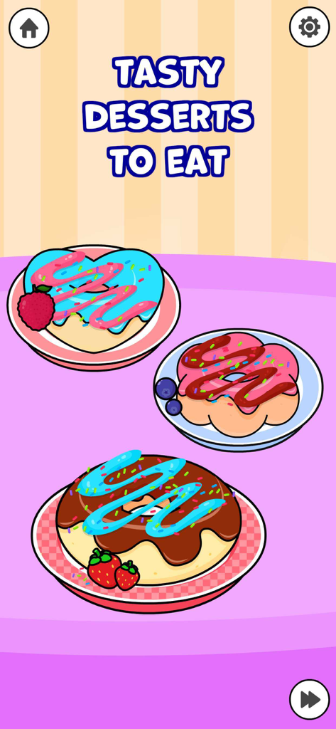 Toddler Cooking Games for Kids - Colorful cartoon donuts on plates in a kids cooking app.