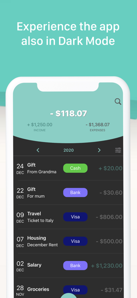 Xpence: Money Tracker - Xpence money tracker app interface in dark mode showing transaction history and account balances
