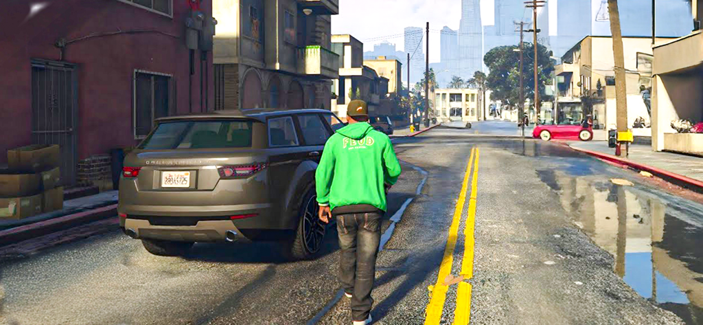 Real Highway Car Driving game - Um personagem com um moletom verde andando perto de um SUV de luxo em uma rua realista da cidade