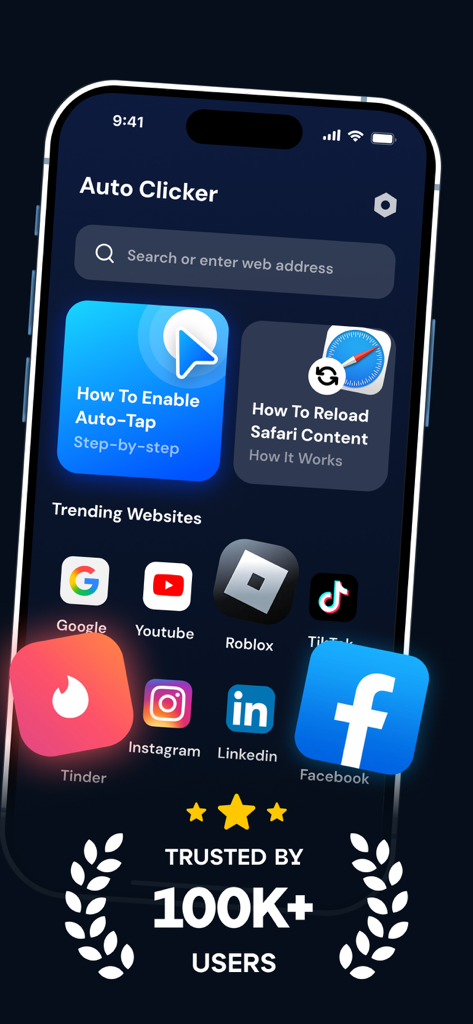 Startbildschirm der Auto Clicker App auf dem iPhone mit Automatisierungsanleitungen und beliebten Website-Symbolen wie Roblox und TikTok