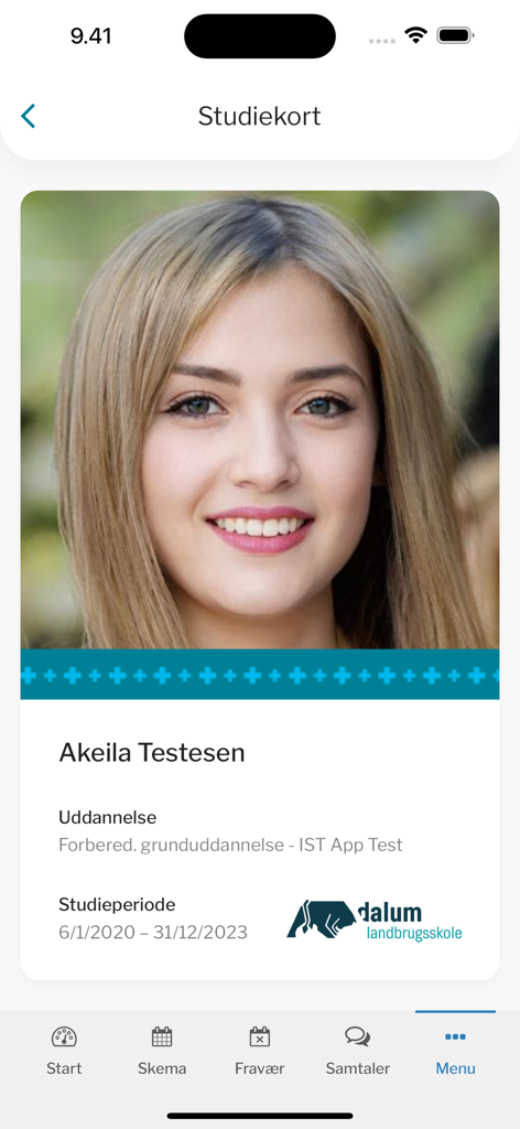 Studie+ - A digital student ID card within the Studie plus app showing a student photo and school details