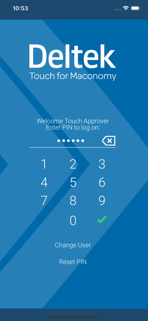 Login screen for the Deltek Touch for Maconomy app with a PIN entry keypad.