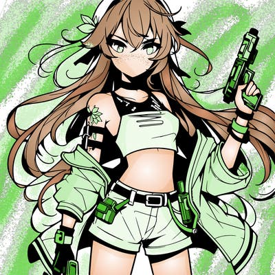 bad girl wearing crop top holding a gun long hair anime